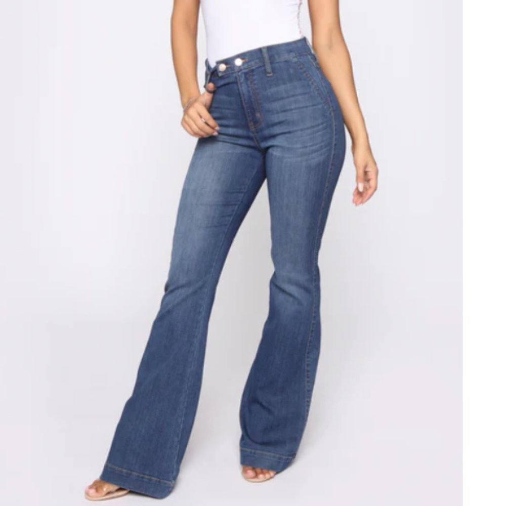 Janelle High Waist Trouser Flare Jeans - medium blue wash SIZE 9
